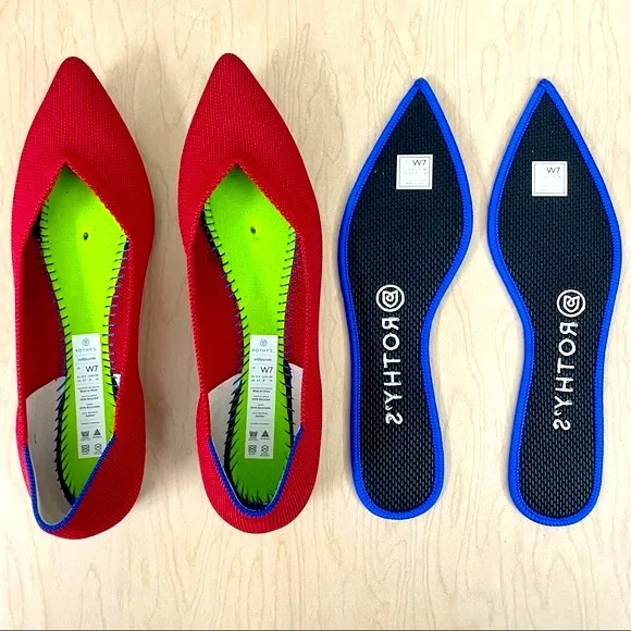 New Rothys Shoes Womens 7 The Point Chili Red Halo Blue Pointed Toe Flats Knit