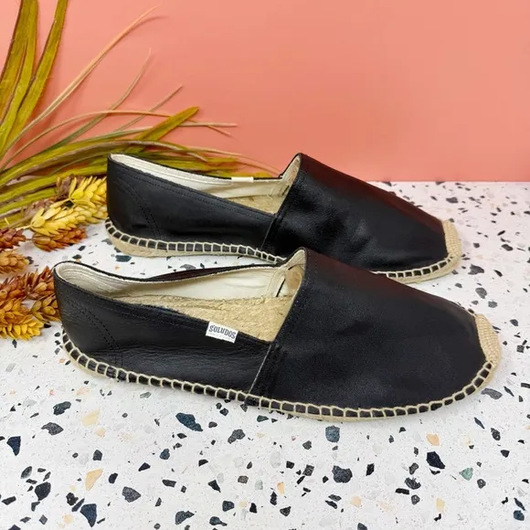 NEW Soludos Black Leather Classic Slip On Women’s Espadrilles Loafer Sz 11