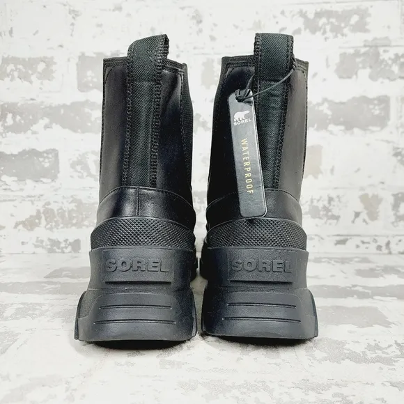 NEW Sorel Brex Waterproof Black Leather Chunky Chelsea Ankle Boots M908
