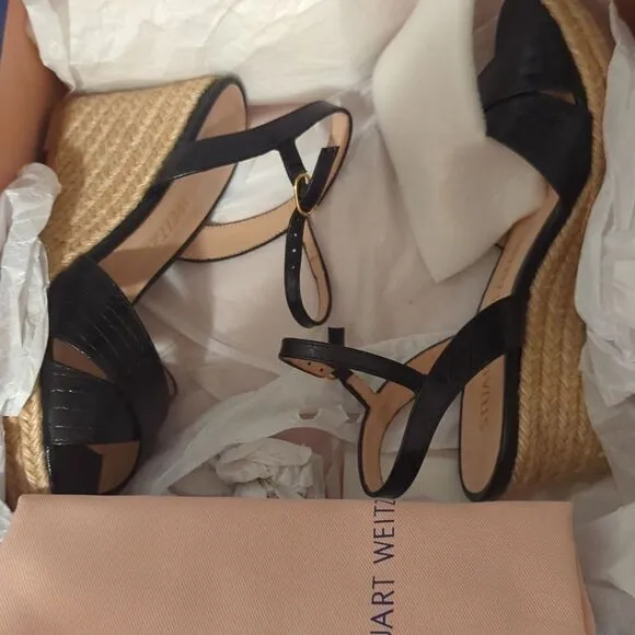 New Stuart Weitzman Black Leather Jute Rosemarie Sandals BNIB 7.5