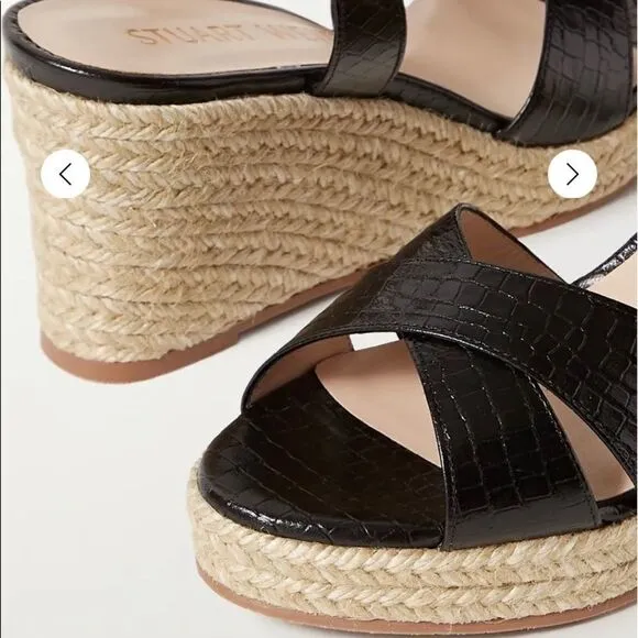 New Stuart Weitzman Black Leather Jute Rosemarie Sandals BNIB 7.5