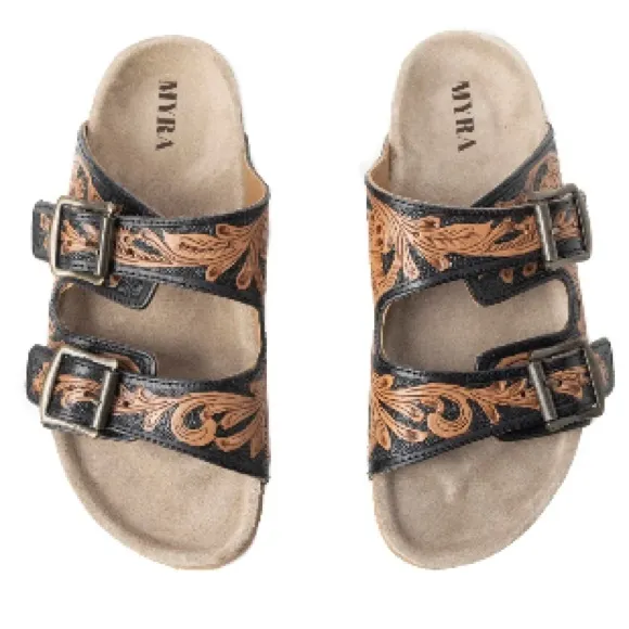 New Summer Myra Bag Handmade Tooled Genuine Leather Spring Sandals Black Brown