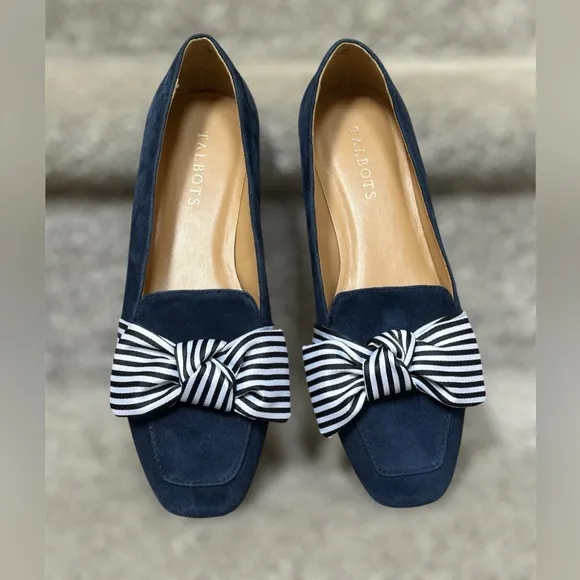 NEW Talbots Stella Bow Knot Suede Square Toe Loafers in Indigo Blue Women’s 7.5