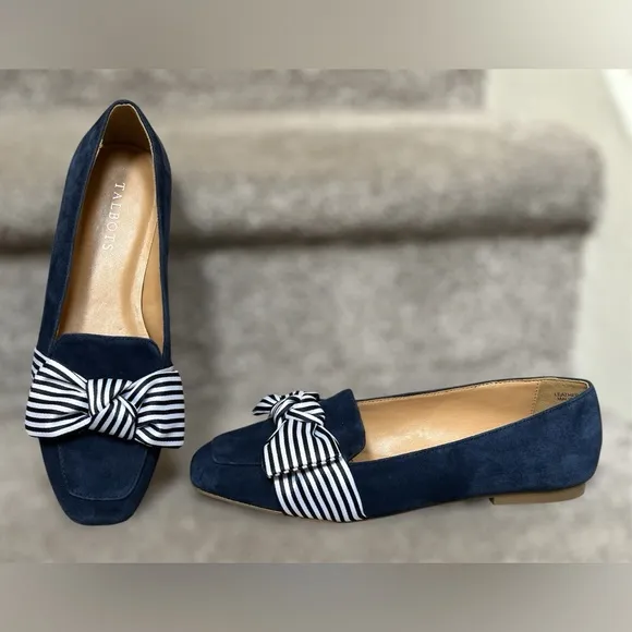 NEW Talbots Stella Bow Knot Suede Square Toe Loafers in Indigo Blue Women’s 7.5