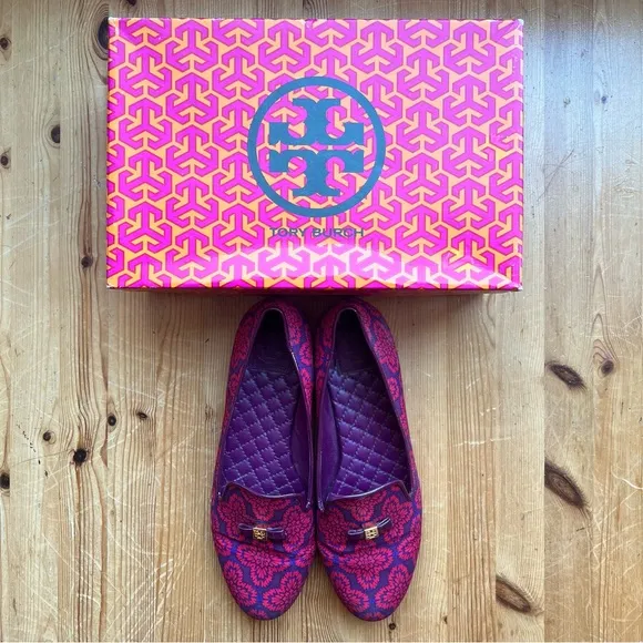NEW Tory Burch Chandra Smoking Loafer Red Floral Print Flats Size 9