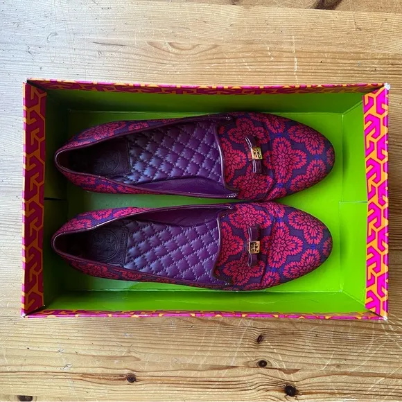 NEW Tory Burch Chandra Smoking Loafer Red Floral Print Flats Size 9