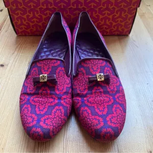 NEW Tory Burch Chandra Smoking Loafer Red Floral Print Flats Size 9