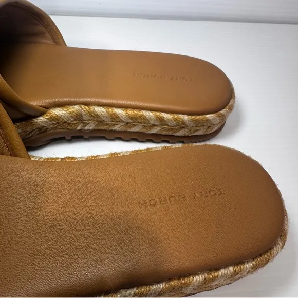 New Tory Burch Tan Leather Espadrilles Slide Sandals Size 7