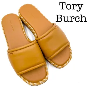 New Tory Burch Tan Leather Espadrilles Slide Sandals Size 7