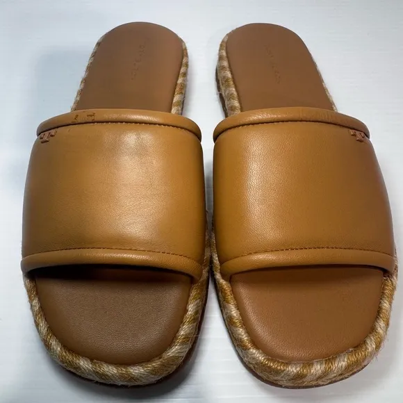 New Tory Burch Tan Leather Espadrilles Slide Sandals Size 7