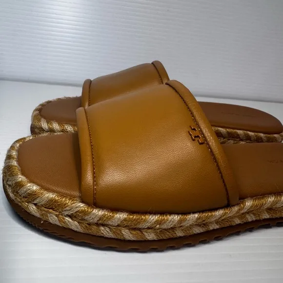 New Tory Burch Tan Leather Espadrilles Slide Sandals Size 7