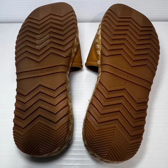 New Tory Burch Tan Leather Espadrilles Slide Sandals Size 7