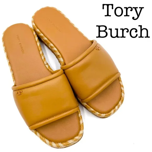 New Tory Burch Tan Leather Espadrilles Slide Sandals Size 7