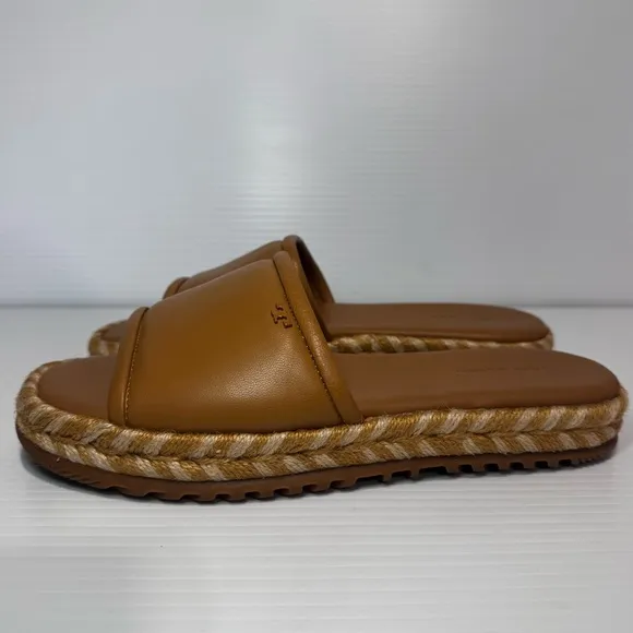 New Tory Burch Tan Leather Espadrilles Slide Sandals Size 7