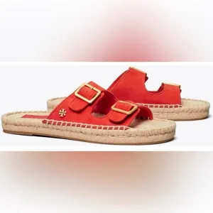 New Tory Burch Two Band Flat Espadrille Slide in Bright Samba Kid Suede Size 8