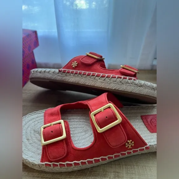 New Tory Burch Two Band Flat Espadrille Slide in Bright Samba Kid Suede Size 8