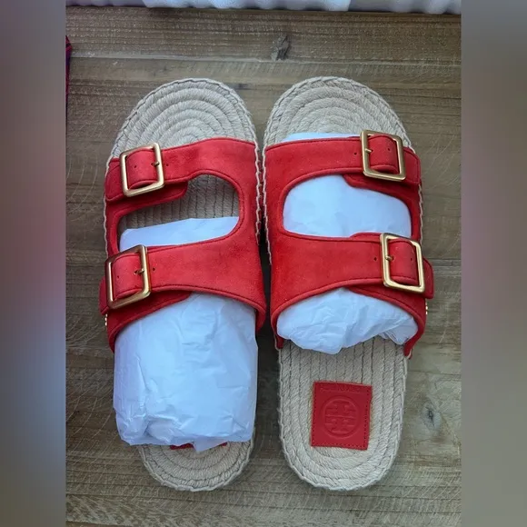 New Tory Burch Two Band Flat Espadrille Slide in Bright Samba Kid Suede Size 8