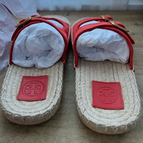 New Tory Burch Two Band Flat Espadrille Slide in Bright Samba Kid Suede Size 8