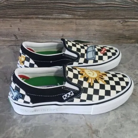 New Vans Skate Slip On Skateistan Checkerboard Black White Patches Sneakers