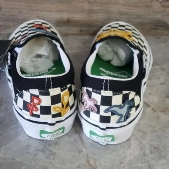 New Vans Skate Slip On Skateistan Checkerboard Black White Patches Sneakers