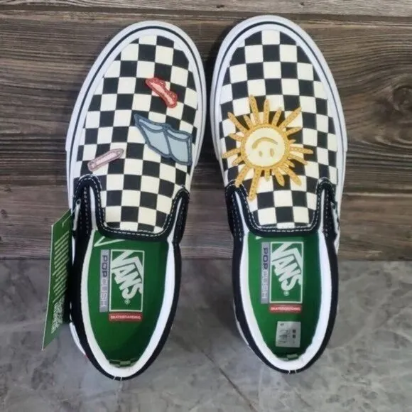 New Vans Skate Slip On Skateistan Checkerboard Black White Patches Sneakers