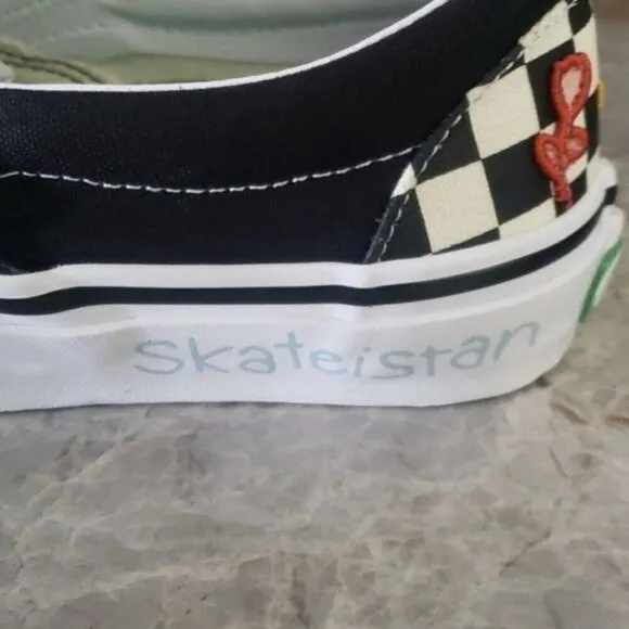New Vans Skate Slip On Skateistan Checkerboard Black White Patches Sneakers