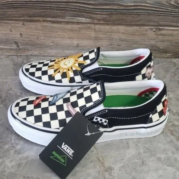 New Vans Skate Slip On Skateistan Checkerboard Black White Patches Sneakers