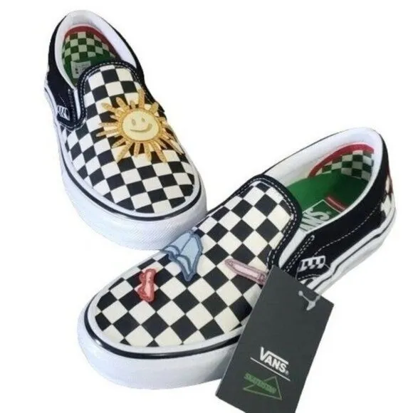 New Vans Skate Slip On Skateistan Checkerboard Black White Patches Sneakers