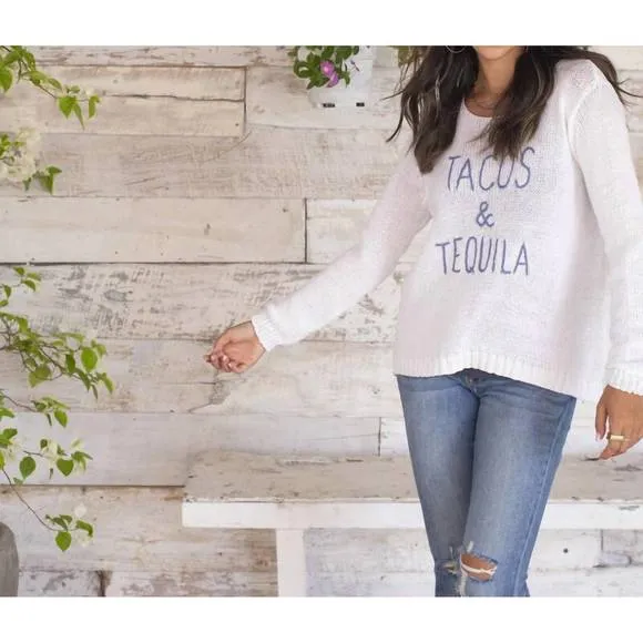 NEW WOODEN SHIPS tacos &amp; tequila crew sweater in white/denim