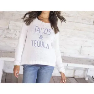 NEW WOODEN SHIPS tacos &amp; tequila crew sweater in white/denim