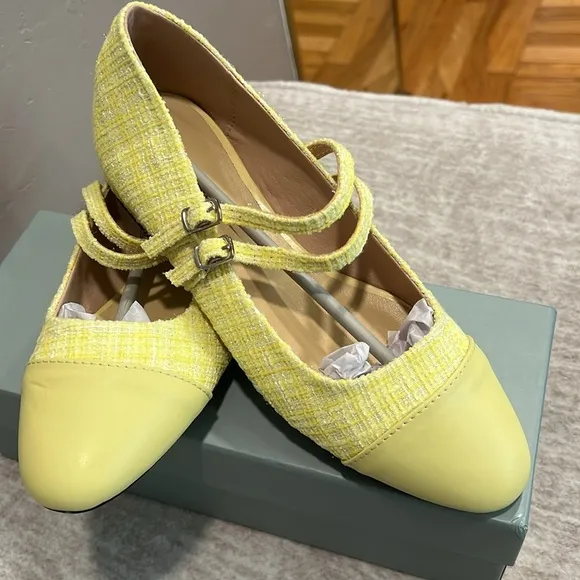 New! Yellow Mary Jane Flats with Tweed Fabric and Rounded Toe Size 39 It#P02