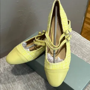 New! Yellow Mary Jane Flats with Tweed Fabric and Rounded Toe Size 39 It#P02