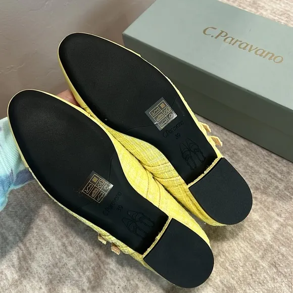 New! Yellow Mary Jane Flats with Tweed Fabric and Rounded Toe Size 39 It#P02