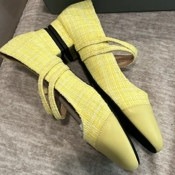 New! Yellow Mary Jane Flats with Tweed Fabric and Rounded Toe Size 39 It#P02