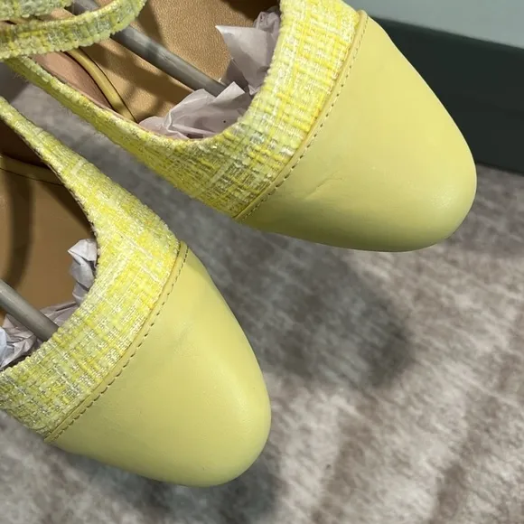 New! Yellow Mary Jane Flats with Tweed Fabric and Rounded Toe Size 39 It#P02