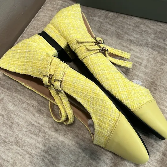 New! Yellow Mary Jane Flats with Tweed Fabric and Rounded Toe Size 39 It#P02