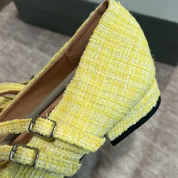 New! Yellow Mary Jane Flats with Tweed Fabric and Rounded Toe Size 39 It#P02