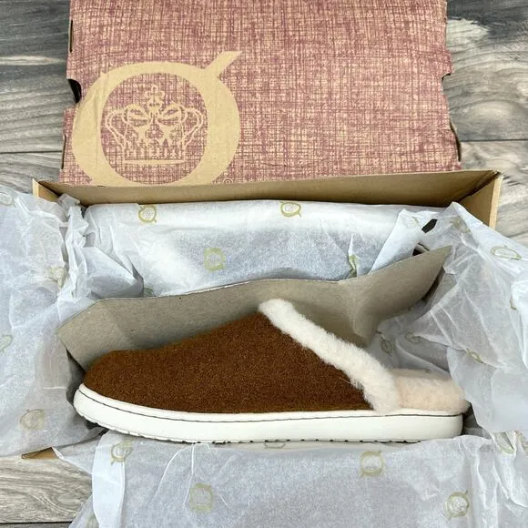 NIB Born Zoe Wool Shearling 8M Slip On Clogs Slides Cognac