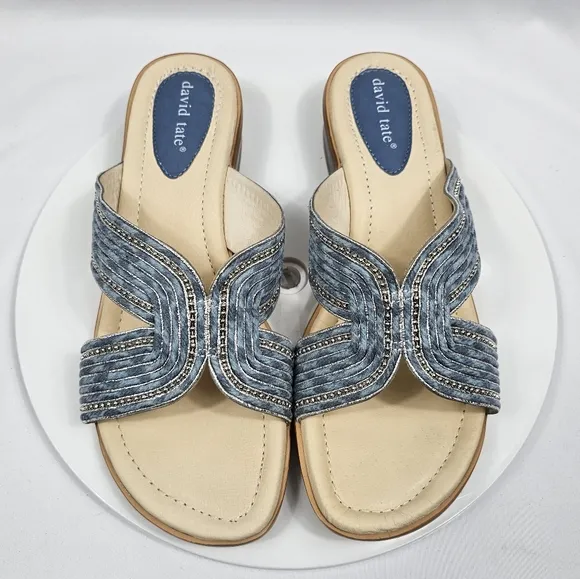 NIB David Tate Thrill Sandals Slide Heel Faux Leather Fabric Metallic Denim 10.5