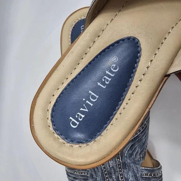 NIB David Tate Thrill Sandals Slide Heel Faux Leather Fabric Metallic Denim 10.5