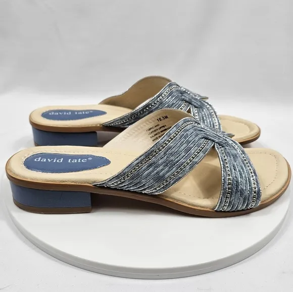 NIB David Tate Thrill Sandals Slide Heel Faux Leather Fabric Metallic Denim 10.5