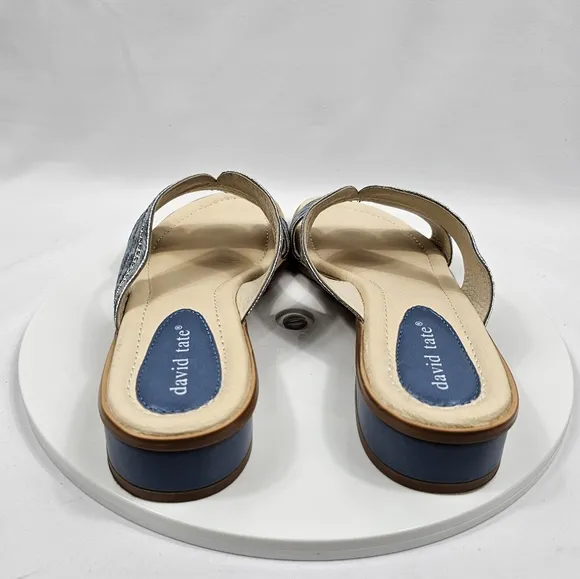 NIB David Tate Thrill Sandals Slide Heel Faux Leather Fabric Metallic Denim 10.5