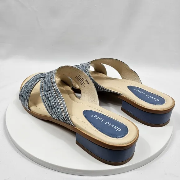 NIB David Tate Thrill Sandals Slide Heel Faux Leather Fabric Metallic Denim 10.5