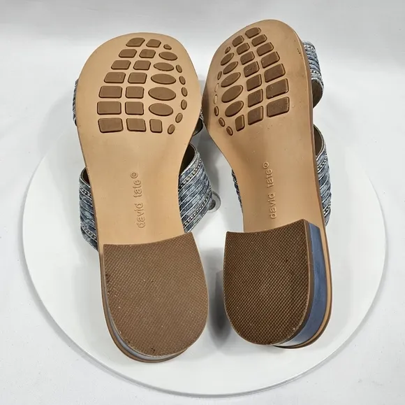 NIB David Tate Thrill Sandals Slide Heel Faux Leather Fabric Metallic Denim 10.5