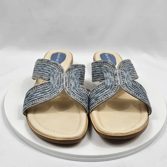 NIB David Tate Thrill Sandals Slide Heel Faux Leather Fabric Metallic Denim 10.5