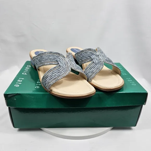 NIB David Tate Thrill Sandals Slide Heel Faux Leather Fabric Metallic Denim 10.5