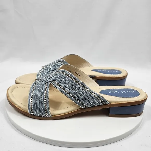 NIB David Tate Thrill Sandals Slide Heel Faux Leather Fabric Metallic Denim 10.5