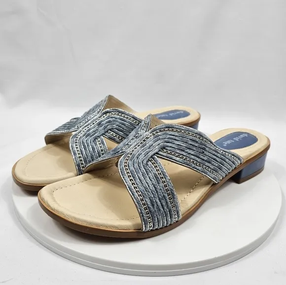 NIB David Tate Thrill Sandals Slide Heel Faux Leather Fabric Metallic Denim 10.5