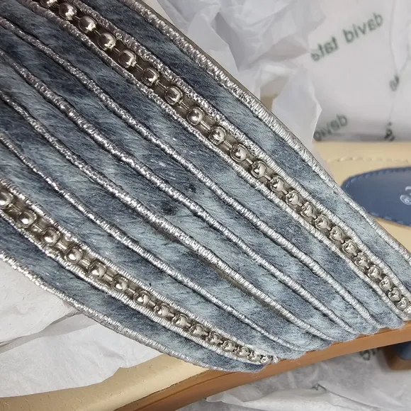 NIB David Tate Thrill Sandals Slide Heel Faux Leather Fabric Metallic Denim 10.5