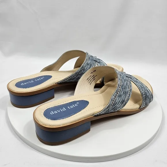 NIB David Tate Thrill Sandals Slide Heel Faux Leather Fabric Metallic Denim 10.5